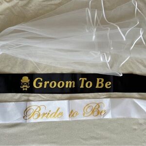 Bride and Groom To Be Sash Set - Black and White with Gold Accents